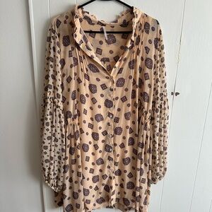 Free People Cream and Brown Patterned Blouse